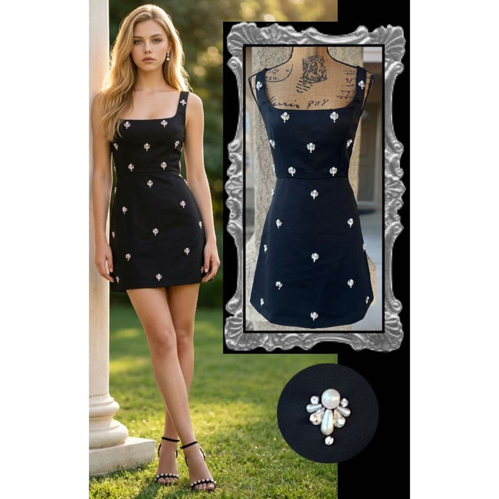 Lulus Naveena Black Satin Pearl and Rhinestone Mini Dress Size L